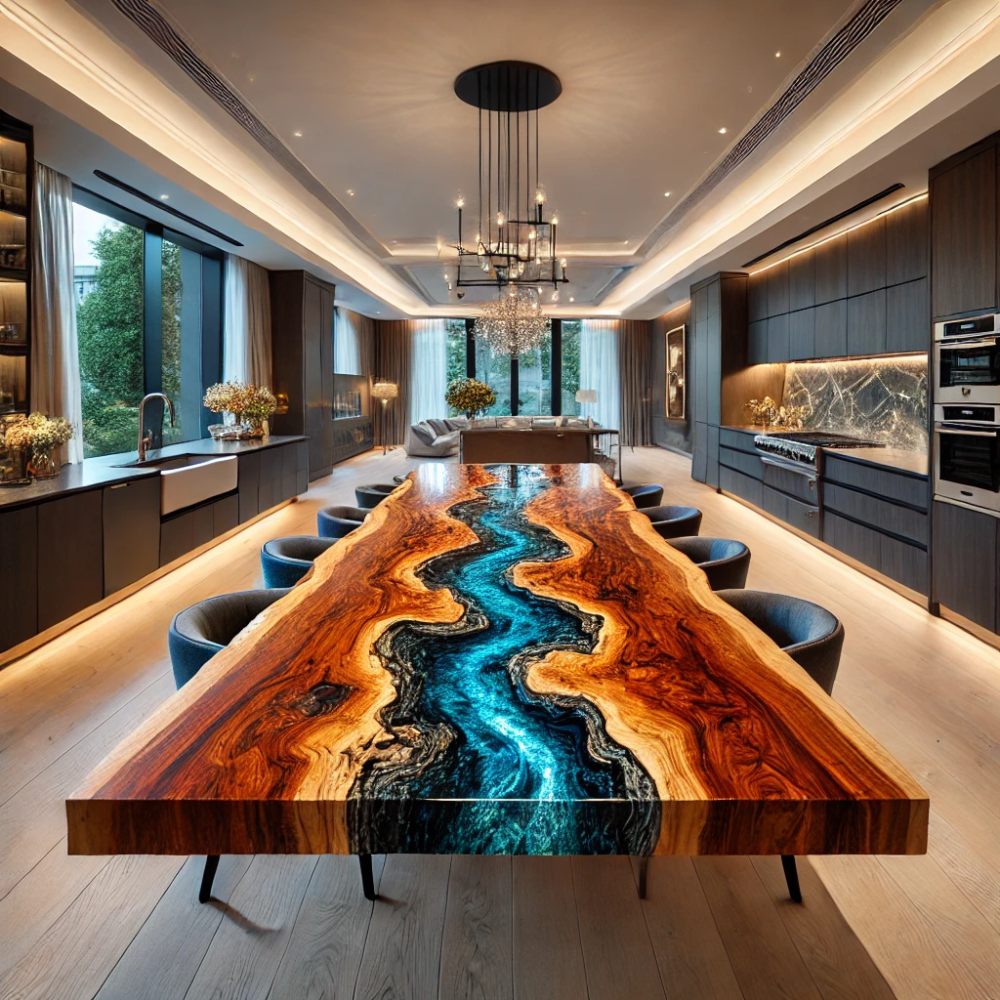 A live edge wooden slab with a vibrant blue resin river running through the center.