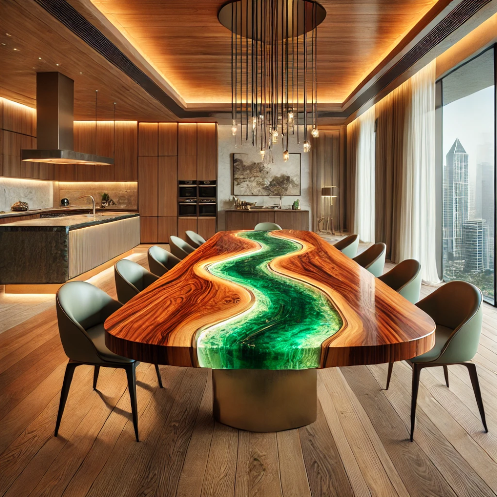 Rich wooden surface with a flowing green resin river in the center, supported by sleek metallic legs.