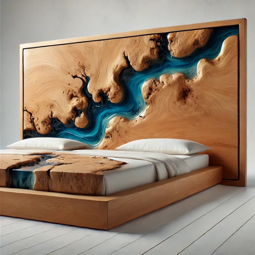 The wood has a natural, organic shape with smooth polished edges, and the deep blue resin flows through the grain, creating a river-like effect.