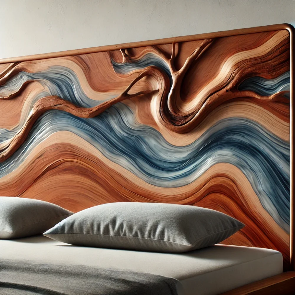 A luxurious wooden headboard with a live-edge design and elegant resin inlays.