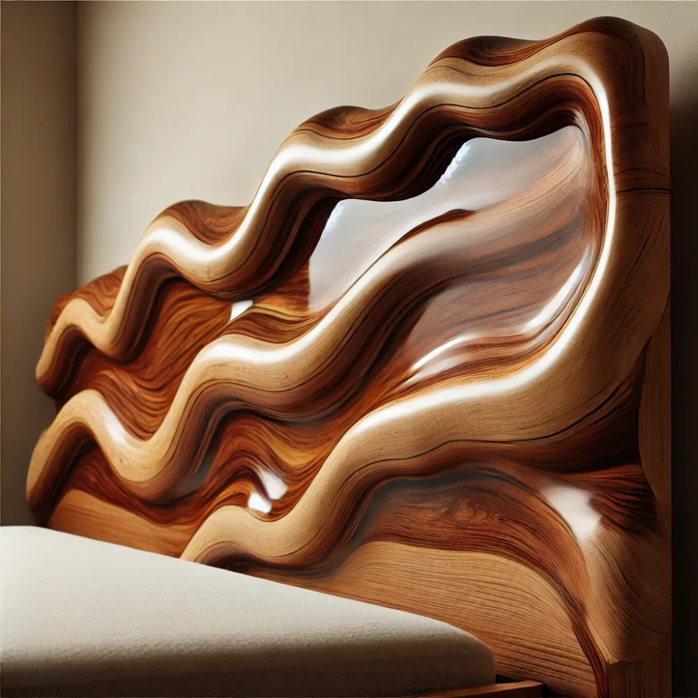 A luxurious wooden headboard with a live-edge design and resin inlay, viewed from a side angle.