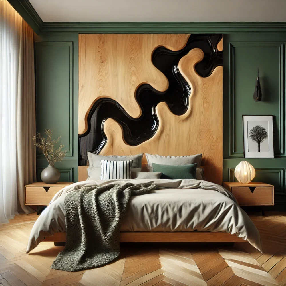 A modern bedroom featuring a luxurious live-edge wooden headboard with black resin accents.