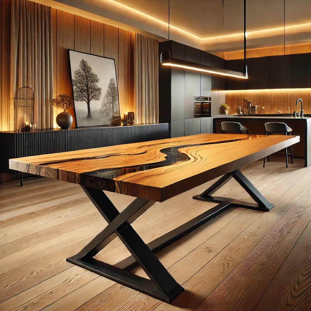 A modern dining room featuring a large rectangular wooden dining table with a resin river design.