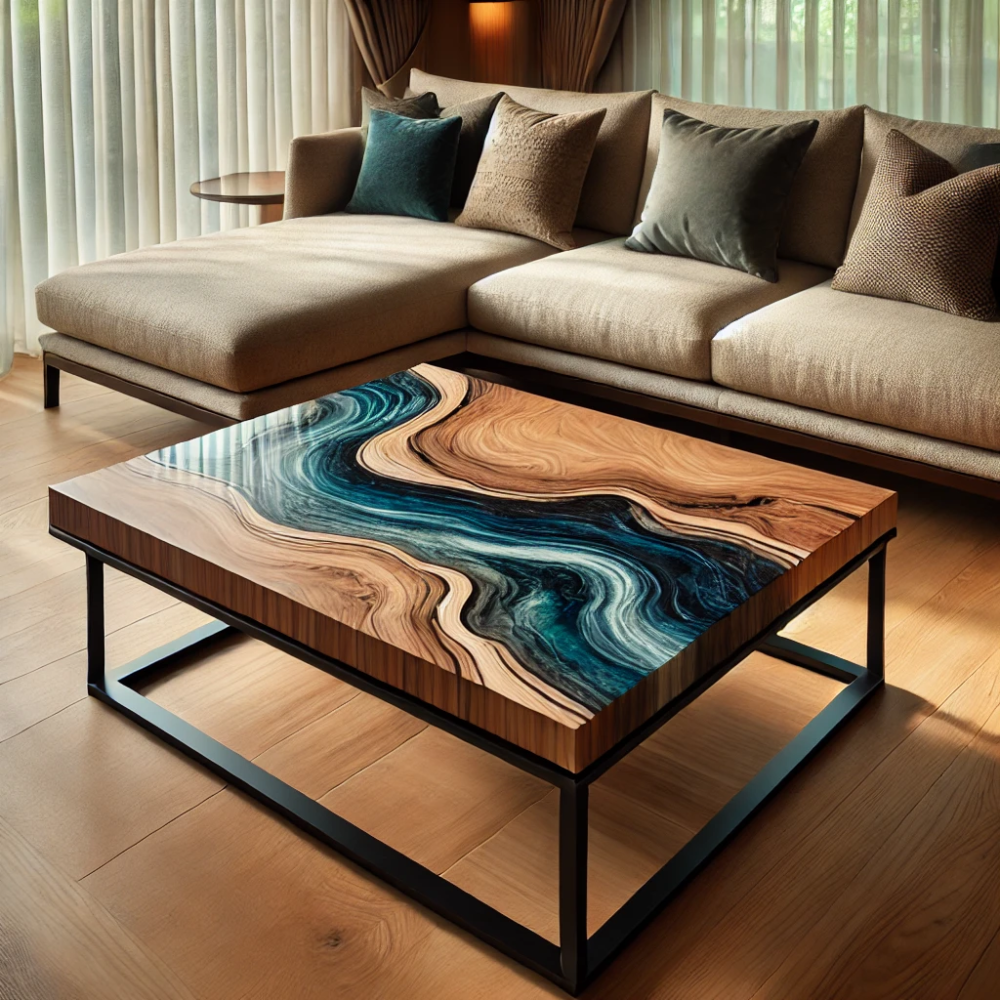 A modern living room featuring a beautiful wooden coffee table with a striking blue resin river design.