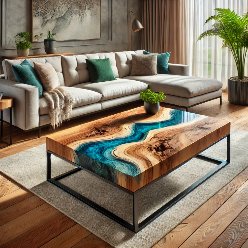 A modern living room featuring a stunning wooden coffee table with a blue resin river design.