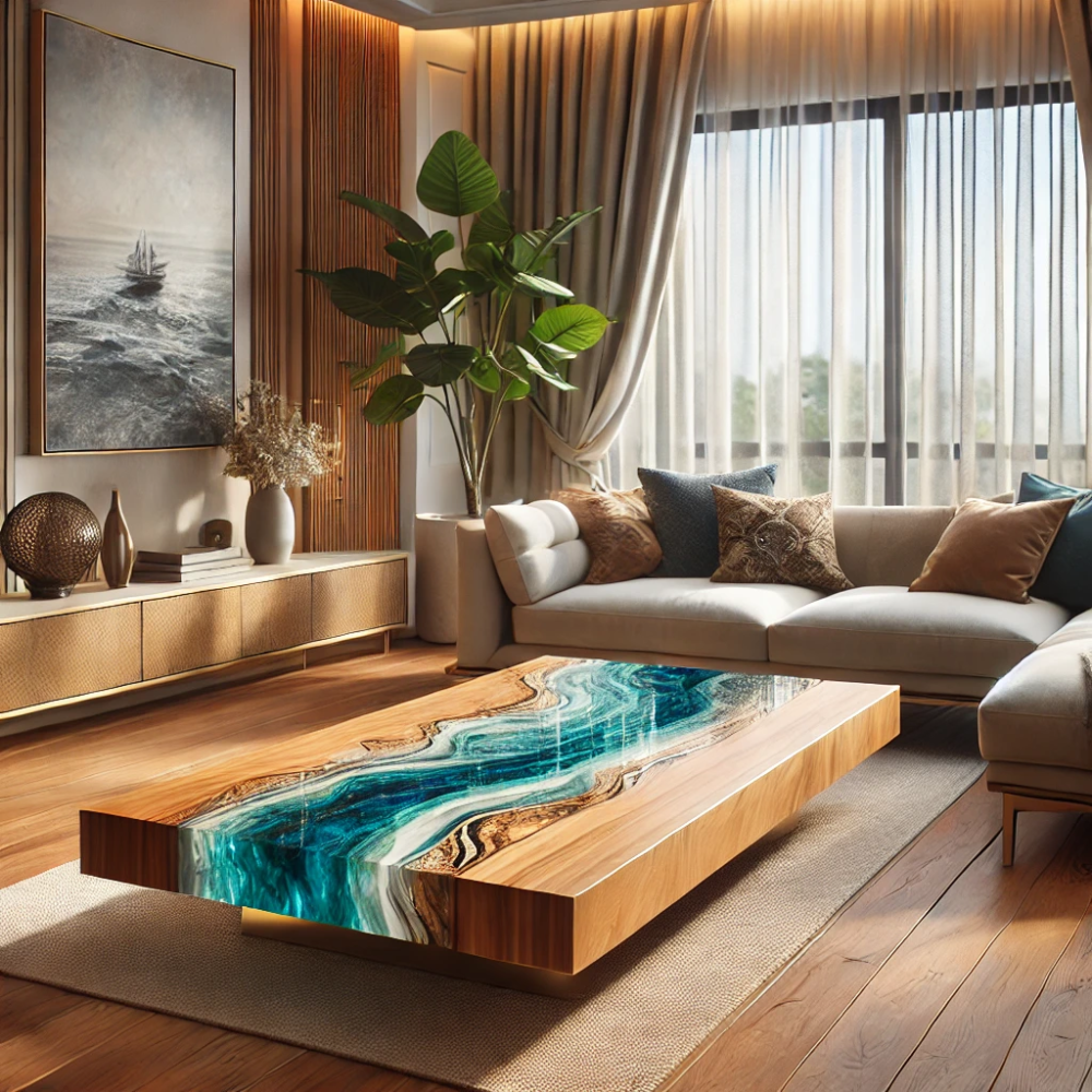 A modern living room featuring a stunning wooden coffee table with a blue resin river design.