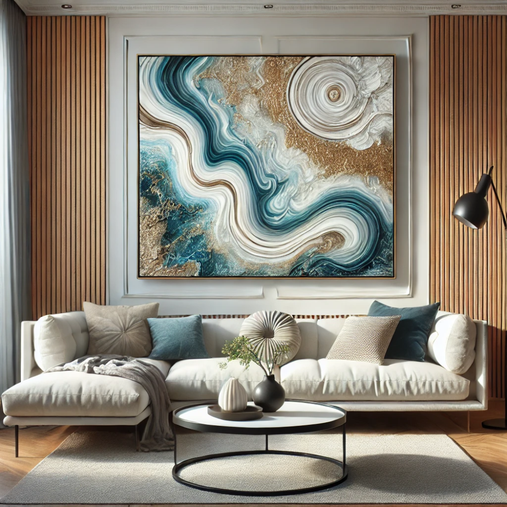 A modern living room featuring an abstract resin wall art piece with swirling blue, white, and gold tones