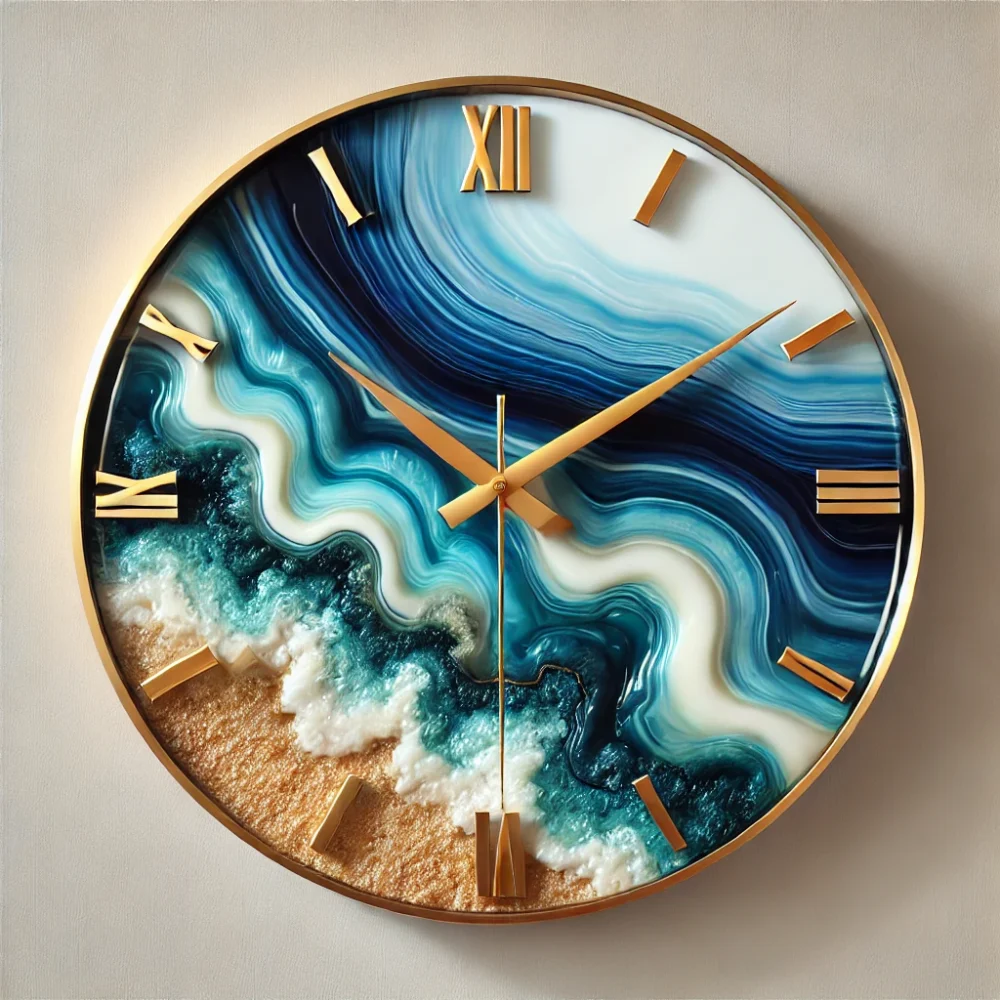 The clock face is circular and features deep blue and turquoise resin waves blending into white and sandy textures, resembling a beach.