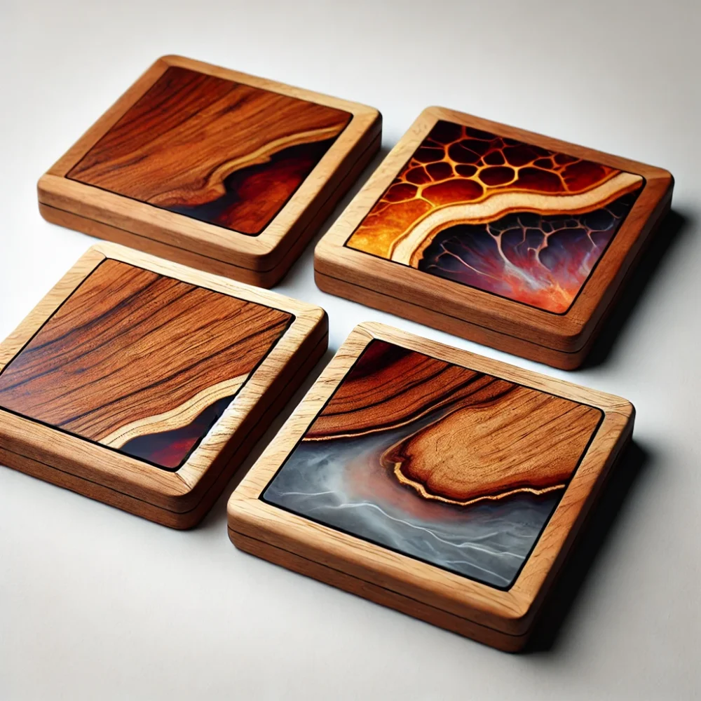 The resin inlay has a vibrant color blend, creating an elegant contrast with the natural wood grain.