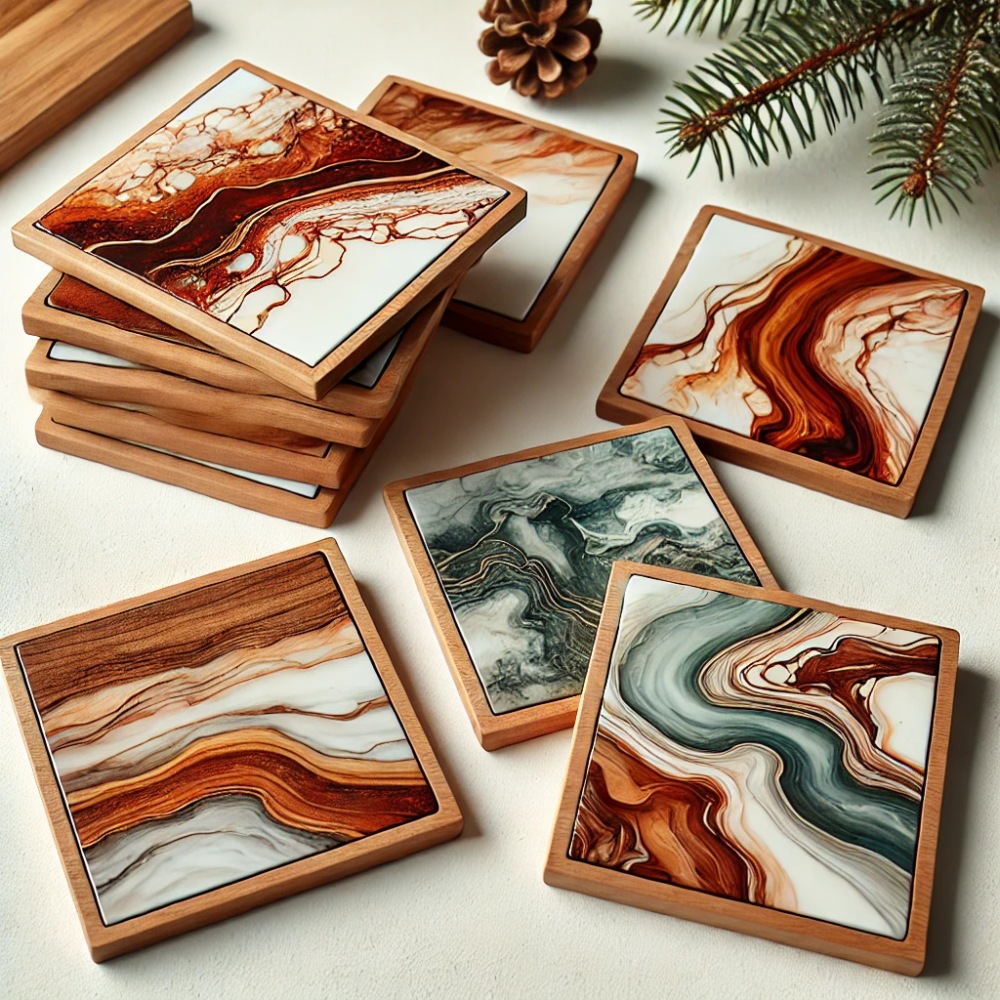 The resin flows in an organic, river-like pattern, contrasting with the warm natural wood.