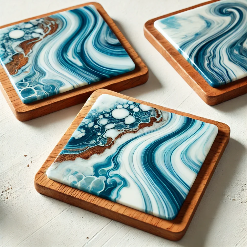 A set of square wooden coasters featuring a unique resin inlay with an abstract swirling pattern.