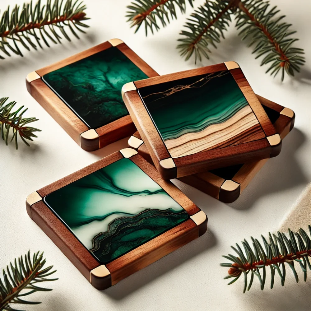 A set of square wooden coasters with a striking resin inlay in shades of deep emerald green and black.