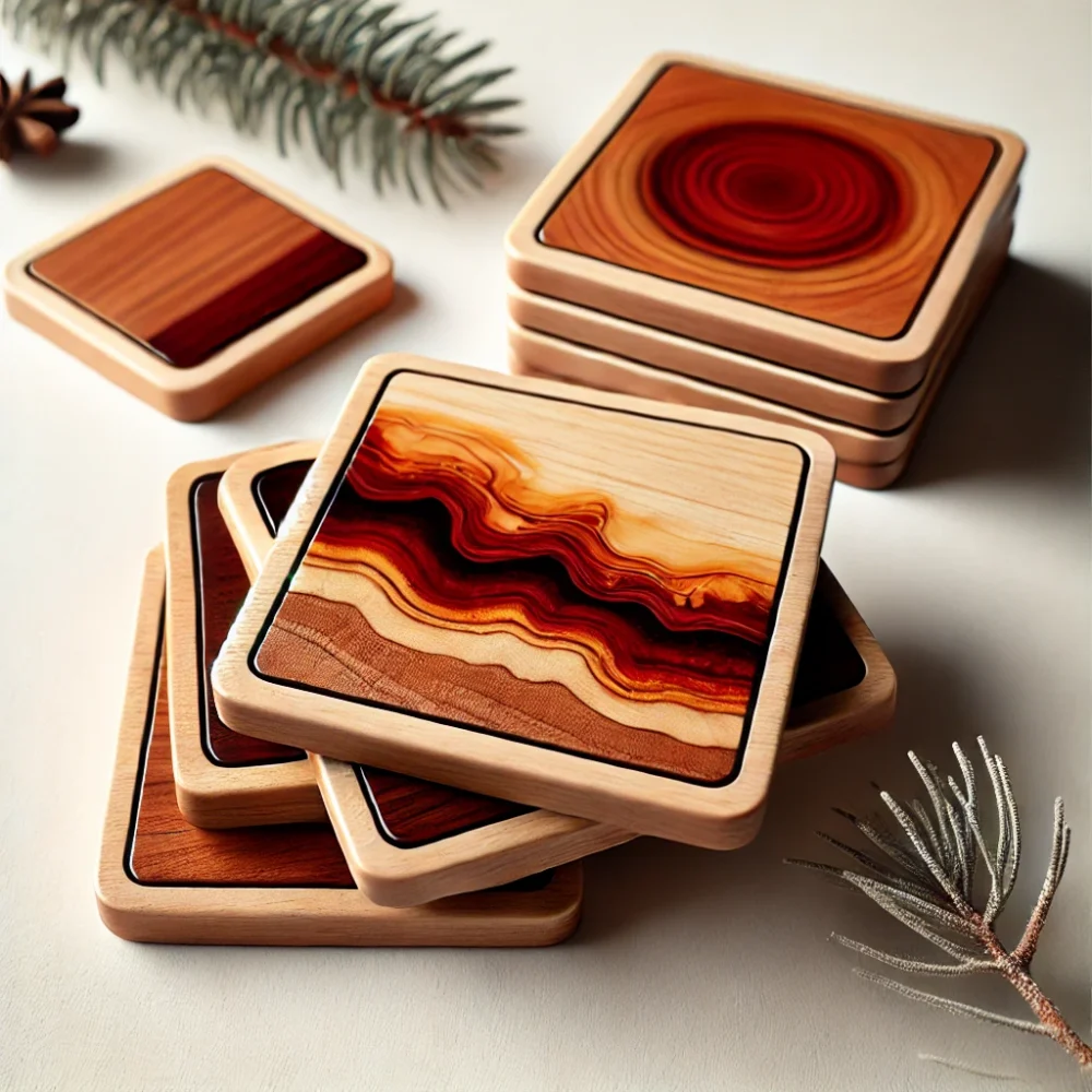 A set of square wooden coasters with a unique resin inlay, featuring a different color scheme from the previous design.