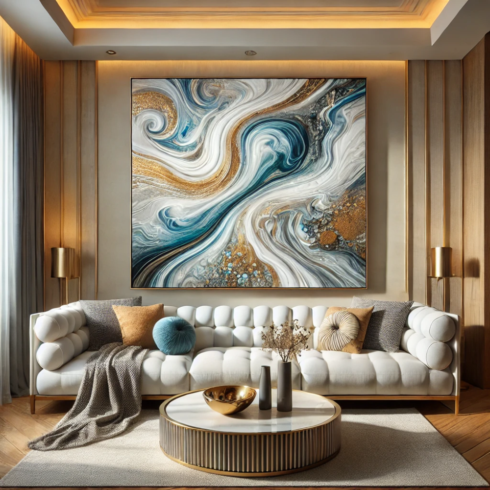 An elegant living room with a large abstract resin wall art featuring swirling blue, white, and gold tones.