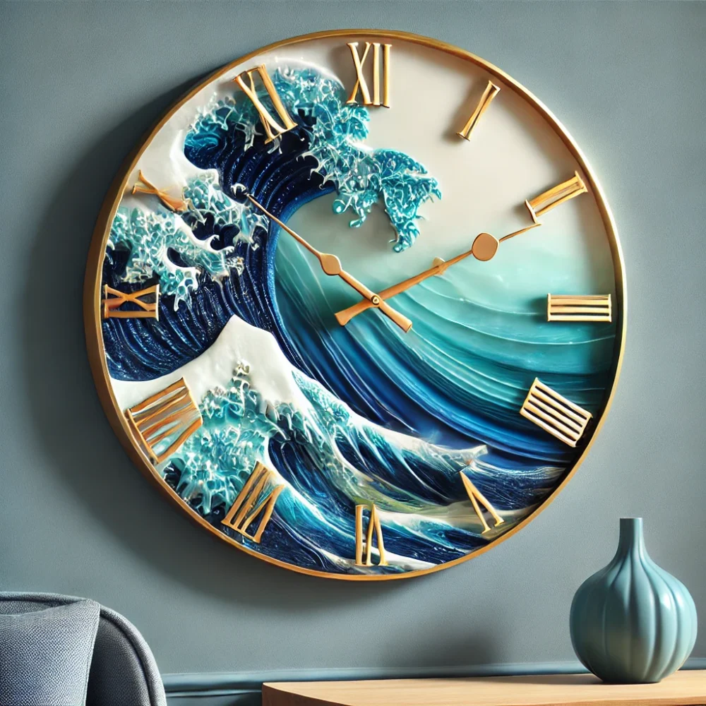 A luxurious resin wall clock with an ocean-inspired design, featuring deep blue, turquoise, and pearl white waves.