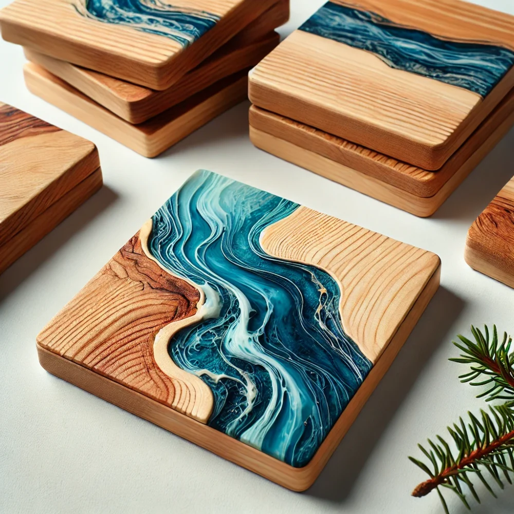 The coasters are made of natural wood with a striking blue resin river flowing through the center, creating a modern and elegant aesthetic.