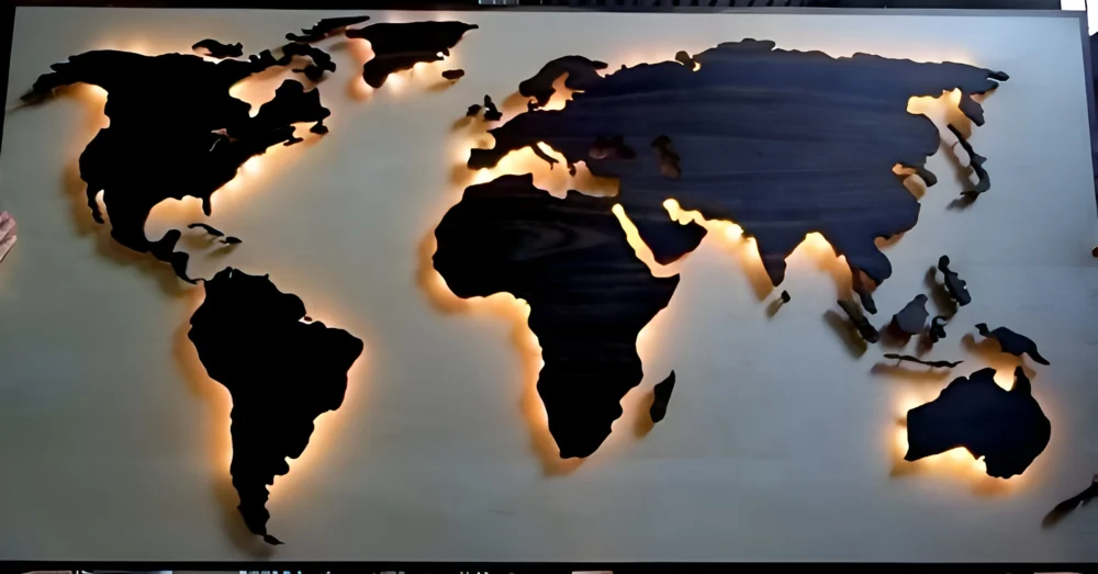 A stunning resin world map wall art piece with a modern and elegant design