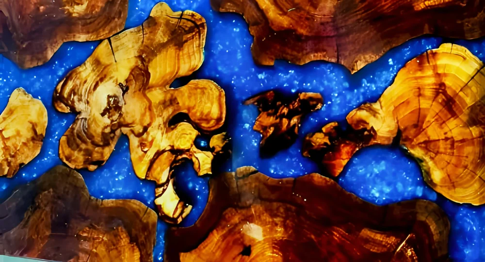 This exquisite resin dining table features a mesmerizing blend of natural wood and vibrant blue resin, creating a stunning river-like design