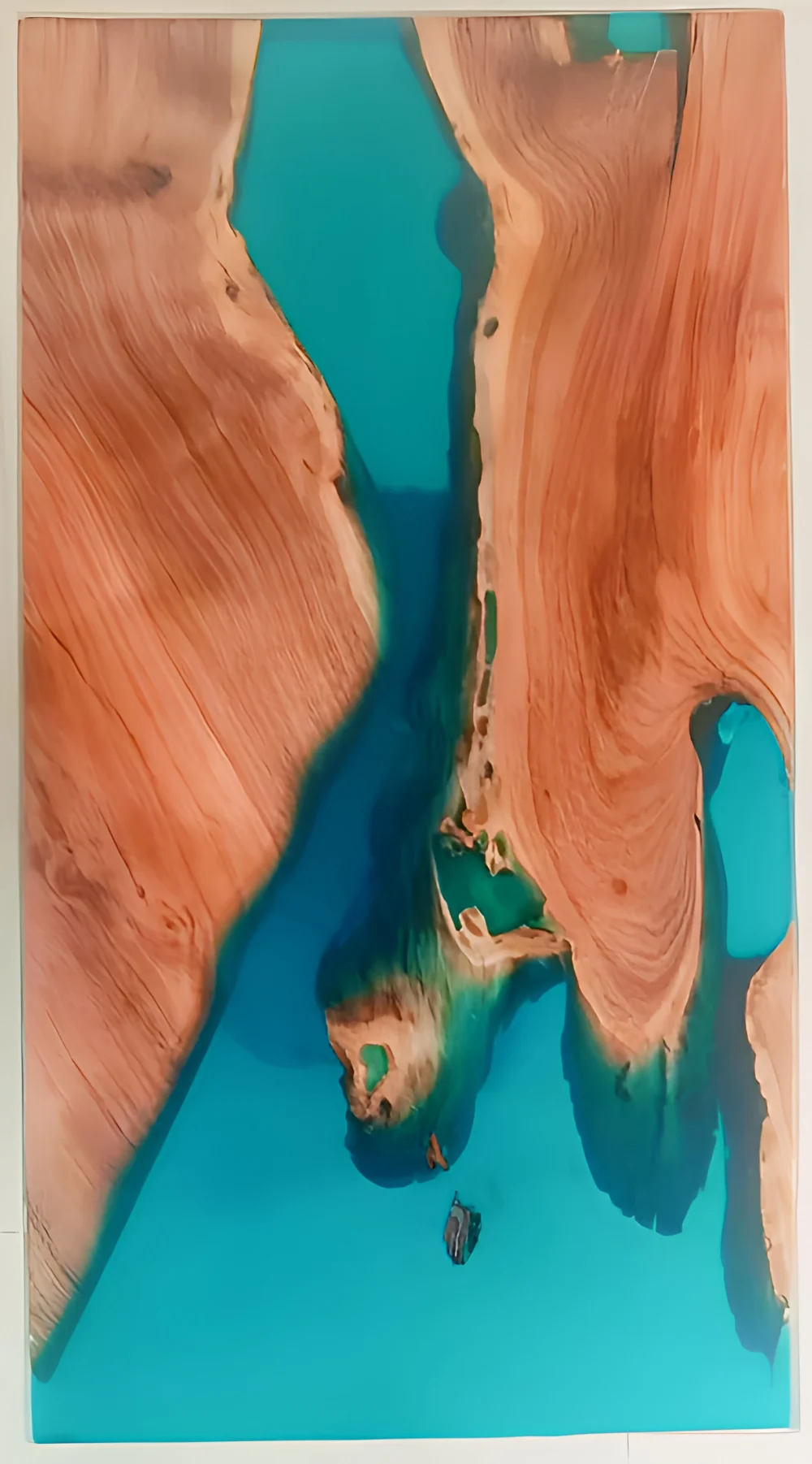 River table design with vibrant turquoise blue resin flowing between two large, natural live edge wooden slabs